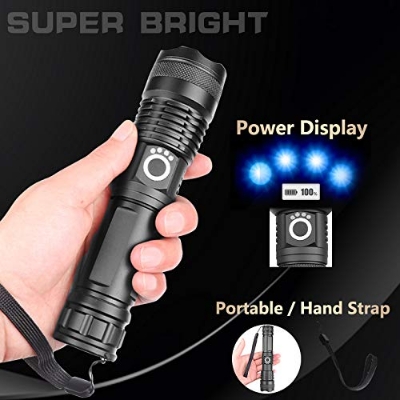 Picture of 5000 Lumen Rechargeable Tactical Flashlight,XHP50 LED for Hiking Hunting Camping Emergency Outdoor Sport(Include 26650 Battery) Black