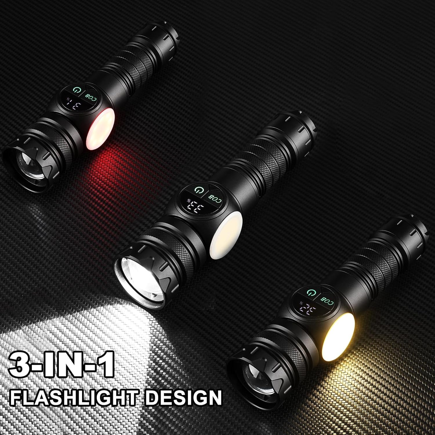 Picture of 3 in 1 Rechargeable Flashlight True 5000 Lumens Outdoor Strong Cob Light, 5000mAh Zoomable Beam LED Flash Light with Magnet Power Failure Emergency Survival Kits Snowstorm (Standard) Black