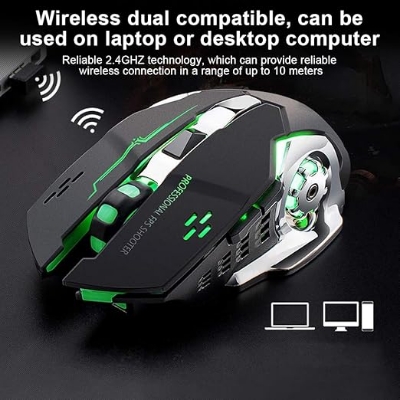 Picture of 2.4G Wireless Gaming Mouse, Rechargeable 6-keys 800/1600 / 2400 DPI Adjustable USB Mute Mice Ergonomic Design Glow Mechanical Mouse 10M for Laptop Computer Home Office(Black) Black