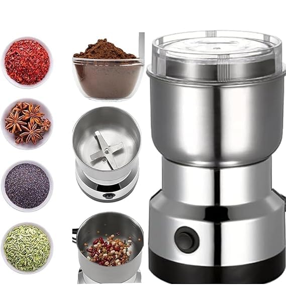 Picture of Nima Electric Spice & Coffee Bean Grinder. 4 Blade Stainless Steel Mini Mixer Grinder. Grinding for 'Dry Items' only. Suitable for Coffee Beans, Spices, Masala, Nuts & Grains Silver
