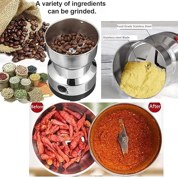 Picture of Nima Electric Spice & Coffee Bean Grinder. 4 Blade Stainless Steel Mini Mixer Grinder. Grinding for 'Dry Items' only. Suitable for Coffee Beans, Spices, Masala, Nuts & Grains Silver