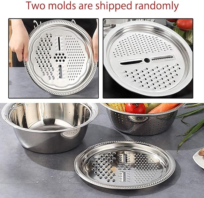 Picture of Stainless Steel 3 in 1 Kitchen Multipurpose Kitchen Bowl,Drain Basket,Graters for Vegetable,Fruit Cutter,Grater Kitchen Mesh Strainers [Total 3 Piece] (Strainer+Bowl+Chopper)26CM Silver