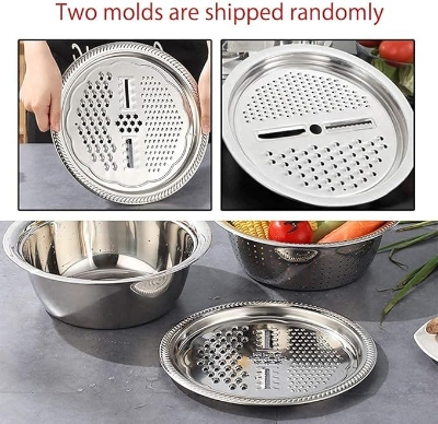 Picture of Stainless Steel 3 in 1 Kitchen Multipurpose Kitchen Bowl,Drain Basket,Graters for Vegetable,Fruit Cutter,Grater Kitchen Mesh Strainers [Total 3 Piece] (Strainer+Bowl+Chopper)26CM Silver