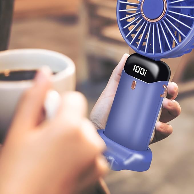Picture of Hand Held Fan,Portable Handheld USB Rechargeable Fans with 5 Speeds,Battery Operated Mini Fan Foldable Desk Desktop Fans with LED Display for Home Office Bedroom Outdoor Travel (BLUE)
