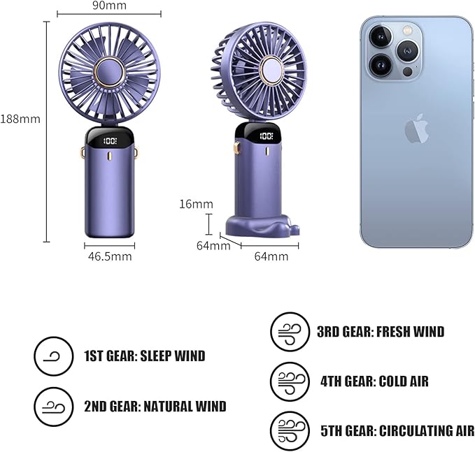 Picture of Hand Held Fan,Portable Handheld USB Rechargeable Fans with 5 Speeds,Battery Operated Mini Fan Foldable Desk Desktop Fans with LED Display for Home Office Bedroom Outdoor Travel (BLUE)