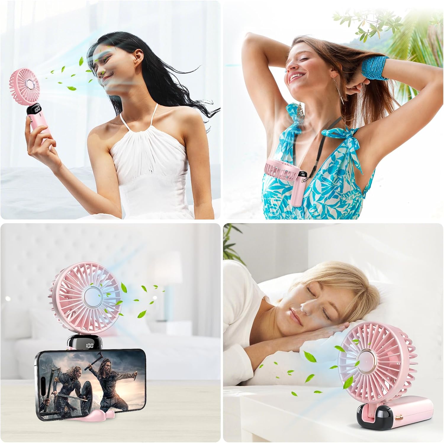 Picture of Hand Held Fan,Portable Handheld USB Rechargeable Fans with 5 Speeds,Battery Operated Mini Fan Foldable Desk Desktop Fans with LED Display for Home Office Bedroom Outdoor Travel Green & White & Pink Green