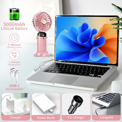 Picture of Hand Held Fan,Portable Handheld USB Rechargeable Fans with 5 Speeds,Battery Operated Mini Fan Foldable Desk Desktop Fans with LED Display for Home Office Bedroom Outdoor Travel (Pink) Pink