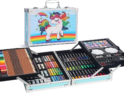 Picture of 145pcs, Art Supplies Set, Drawing Supplies with Portable Aluminum Case Art Kit, Great Gift Artists Drawing Set for Kids, Teens, Boys, Girls, Beginner and Artists (Unicorn-Blue) Blue