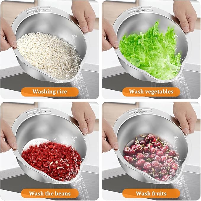 Picture of Rice Spoon Kit with Strainer in Stainless Steel for Washing Rice Vegetables Greens 10.6 in Silver