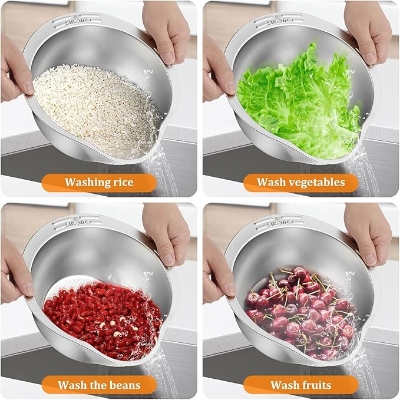 Picture of Rice Spoon Kit with Strainer in Stainless Steel for Washing Rice Vegetables Greens 10.6 in Silver