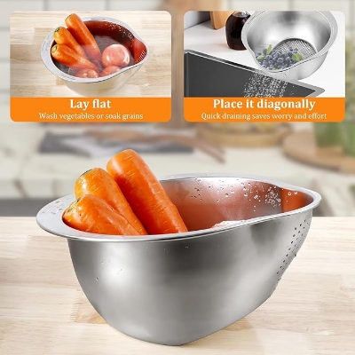 Picture of Rice Spoon Kit with Strainer in Stainless Steel for Washing Rice Vegetables Greens 10.6 in Silver