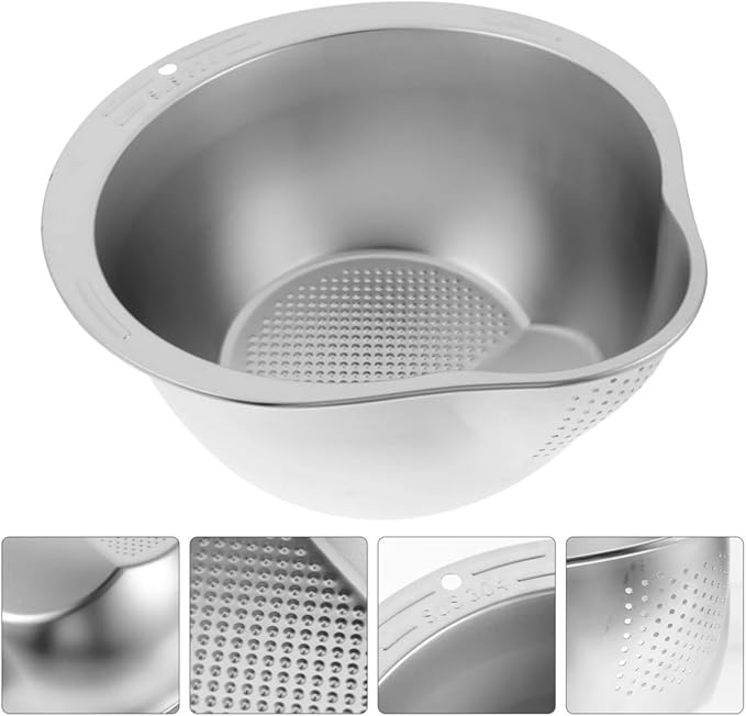 Picture of Rice Spoon Kit with Strainer in Stainless Steel for Washing Rice Vegetables Greens 10.6 in Silver