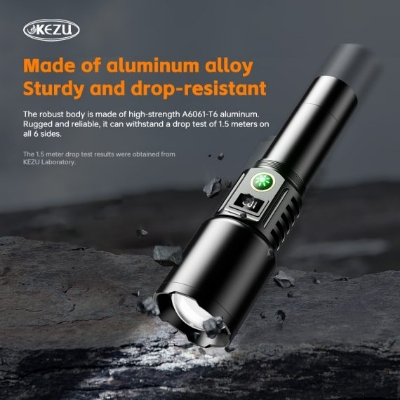 Picture of Kezu Aluminum Alloy Strong Light Flashlight , White Laser Wick Zoomable Super Bright Flashlight with Type-C Charging – Built for Power & Performance! Black