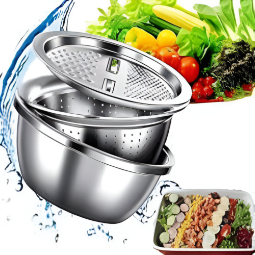 Picture of Stainless Steel Basin With Vegetable Cutter and Drain Basket 3-IN-1 MULTIFUNCTIONAL STAINLESS STEEL BASIN WITH VEGETABLE CUTTER AND DRAIN BASKET Silver