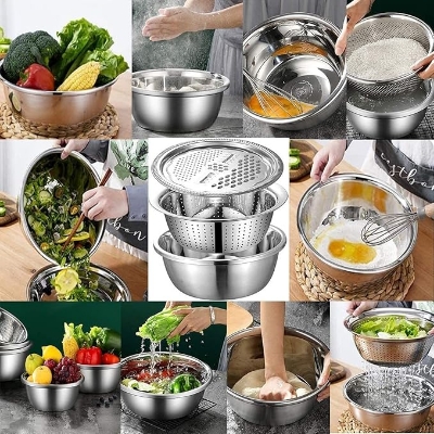 Picture of Stainless Steel Basin With Vegetable Cutter and Drain Basket 3-IN-1 MULTIFUNCTIONAL STAINLESS STEEL BASIN WITH VEGETABLE CUTTER AND DRAIN BASKET Silver
