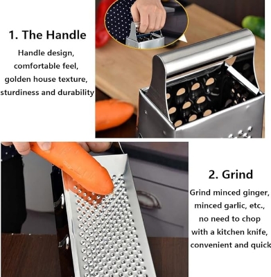 Picture of Multifunctional 4‑Sided Box Grater HAODAF Cheese Grater Cheese Grater Stainless Steel 4 In 1 Multifunctional Grater Cheese Shreds Food Grater Home Cooking Tools Sharp (Size : 4-sided grater) Silver