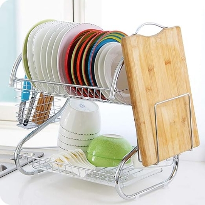 Picture of Dish Rack，Kitchen 2-Layer Stainless Steel Dish Drainer Rack Holder S-Shaped Cup Holder Kitchen Tableware Storage Rack 2 Layer Dish Drainer Rack Stainless Steel Silver