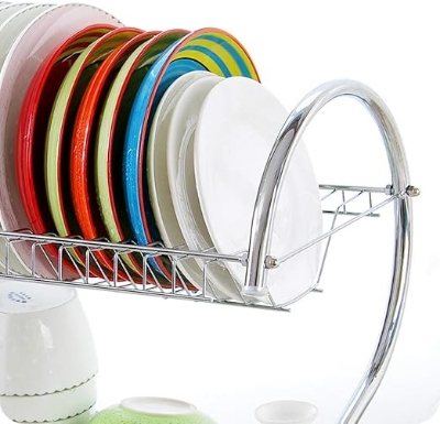 Picture of Dish Rack，Kitchen 2-Layer Stainless Steel Dish Drainer Rack Holder S-Shaped Cup Holder Kitchen Tableware Storage Rack 2 Layer Dish Drainer Rack Stainless Steel Silver
