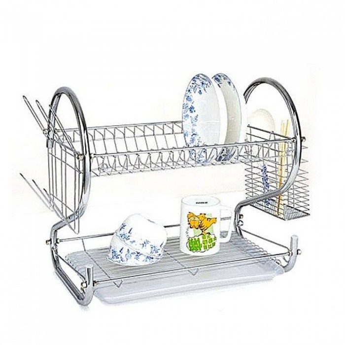 Picture of Dish Rack，Kitchen 2-Layer Stainless Steel Dish Drainer Rack Holder S-Shaped Cup Holder Kitchen Tableware Storage Rack 2 Layer Dish Drainer Rack Stainless Steel Silver