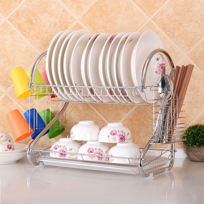 Picture of Dish Rack，Kitchen 2-Layer Stainless Steel Dish Drainer Rack Holder S-Shaped Cup Holder Kitchen Tableware Storage Rack 2 Layer Dish Drainer Rack Stainless Steel Silver