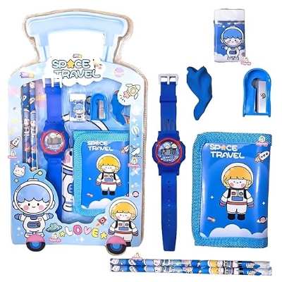 Picture of 7 Pcs Stationery Set Toy for Kids - School Supply Kit with Pencil, Eraser, Sharpener, Wrist Watch and Purse - Birthday Return Gift - Color and Design As Per Stock (Pack of 1) 