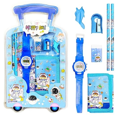 Picture of 7 Pcs Stationery Set Toy for Kids - School Supply Kit with Pencil, Eraser, Sharpener, Wrist Watch and Purse - Birthday Return Gift - Color and Design As Per Stock (Pack of 1) 
