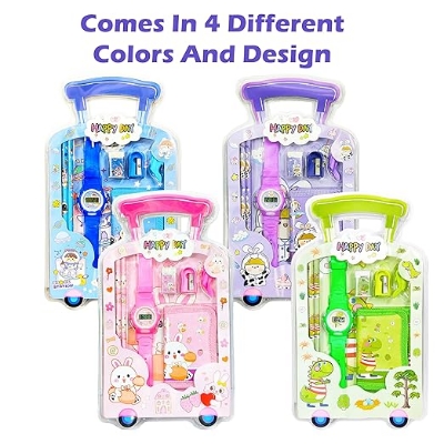 Picture of 7 Pcs Stationery Set Toy for Kids - School Supply Kit with Pencil, Eraser, Sharpener, Wrist Watch and Purse - Birthday Return Gift - Color and Design As Per Stock (Pack of 1) 