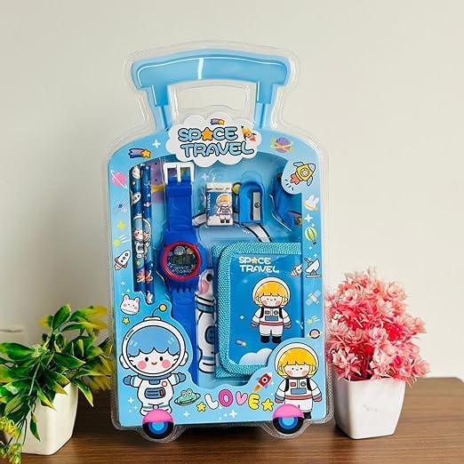 Picture of 7 Pcs Stationery Set Toy for Kids - School Supply Kit with Pencil, Eraser, Sharpener, Wrist Watch and Purse - Birthday Return Gift - Color and Design As Per Stock (Pack of 1) 