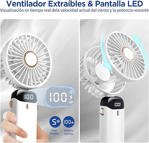 Picture of Hand Held Fan,Portable Handheld USB Rechargeable Fans with 5 Speeds,Battery Operated Mini Fan Foldable Desk Desktop Fans with LED Display for Home Office Bedroom Outdoor Travel