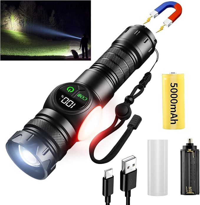 Picture of Super Bright Torch Tactical LED COB Flashlight, 3 in 1 Rechargeable Flashlight True 5000 Lumens Outdoor Strong Cob Light, 5000mAh Zoomable Beam LED Flash Light with Magnet Power Failure Emergency Survival Kits Snowstorm Black