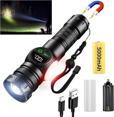 Picture of Super Bright Torch Tactical LED COB Flashlight, 3 in 1 Rechargeable Flashlight True 5000 Lumens Outdoor Strong Cob Light, 5000mAh Zoomable Beam LED Flash Light with Magnet Power Failure Emergency Survival Kits Snowstorm Black