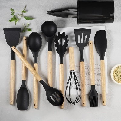 Picture of 12-Piece Silicone Spatula Set – Heat-Resistant, Non-Stick Kitchen Utensils BPA-Free, Food-Grade, Wooden Handle Cooking & Baking Tools for Home Chefs – Black Black