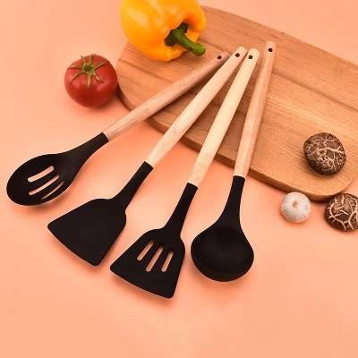 Picture of 12-Piece Silicone Spatula Set – Heat-Resistant, Non-Stick Kitchen Utensils BPA-Free, Food-Grade, Wooden Handle Cooking & Baking Tools for Home Chefs – Black Black