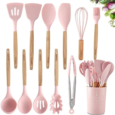 Picture of Silicone Cooking Utensil Kitchen Utensils Set, 12 Pieces Silicone Kitchen Utensil Wooden Handles, Kitchen Spatula Sets with Holder Spoon Turner Tongs, Pink Pink
