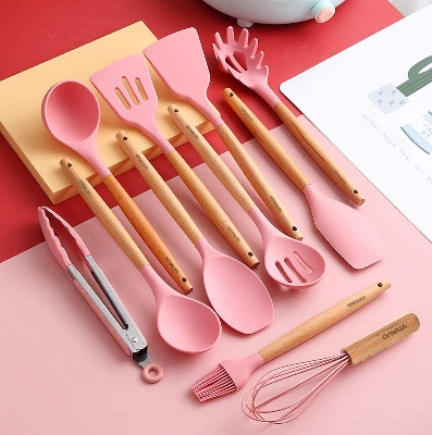 Picture of Silicone Cooking Utensil Kitchen Utensils Set, 12 Pieces Silicone Kitchen Utensil Wooden Handles, Kitchen Spatula Sets with Holder Spoon Turner Tongs, Pink Pink