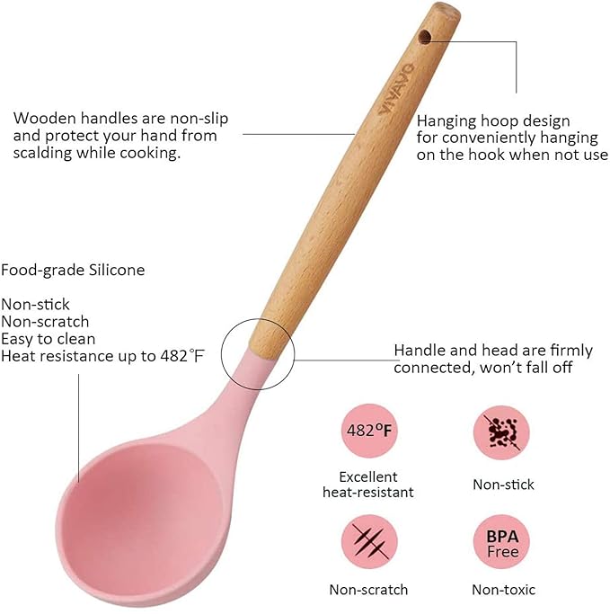 Picture of Silicone Cooking Utensil Kitchen Utensils Set, 12 Pieces Silicone Kitchen Utensil Wooden Handles, Kitchen Spatula Sets with Holder Spoon Turner Tongs, Pink Pink