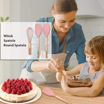 Picture of Silicone Cooking Utensil Kitchen Utensils Set, 12 Pieces Silicone Kitchen Utensil Wooden Handles, Kitchen Spatula Sets with Holder Spoon Turner Tongs, Pink Pink