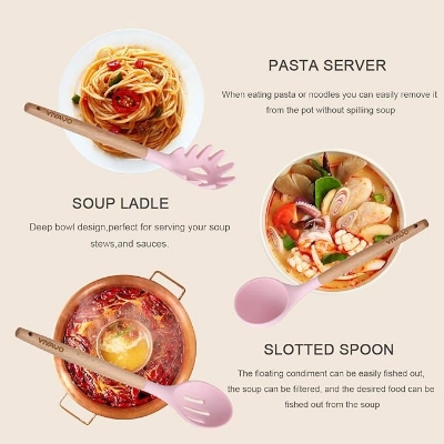 Picture of Silicone Cooking Utensil Kitchen Utensils Set, 12 Pieces Silicone Kitchen Utensil Wooden Handles, Kitchen Spatula Sets with Holder Spoon Turner Tongs, Pink Pink