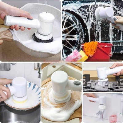 Picture of Magic Brush 5in1 Handheld Electric Cleaning Brush Power Scrubber Brush Cordless Cleaning Brush For Bathroom Tub Kitchen Household Cleaning Tools Kitchen Bathroom Sink Cleaner 3 Brush Head White