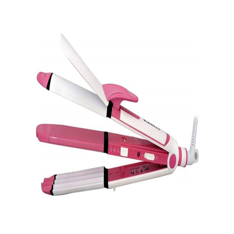 Picture of Kemei KM-1213 3-in-1 Hair Straightener, Curler & Crimper – Professional Styling Tool Pink