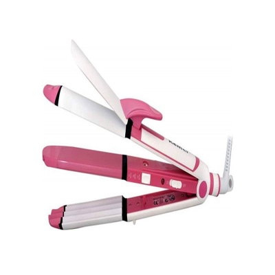 Picture of Kemei KM-1213 3-in-1 Hair Straightener, Curler & Crimper – Professional Styling Tool Pink