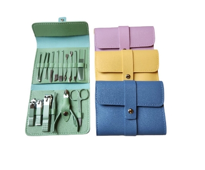 Picture of Nail Clippers Set, 16pcs Manicure & Pedicure Tools, Stainless Steel Nail Cutter Kit for men and women, with Leather Bag, Travel Grooming Kit for Facial, Cuticle and Nail Care Green