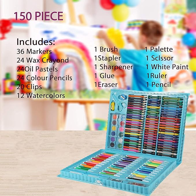 Picture of Children Deluxe Art Drawing Set for Kids Case Art and Craft Supplies Drawing and Painting Set Great Gift (150Pcs -Blue) Multicolor