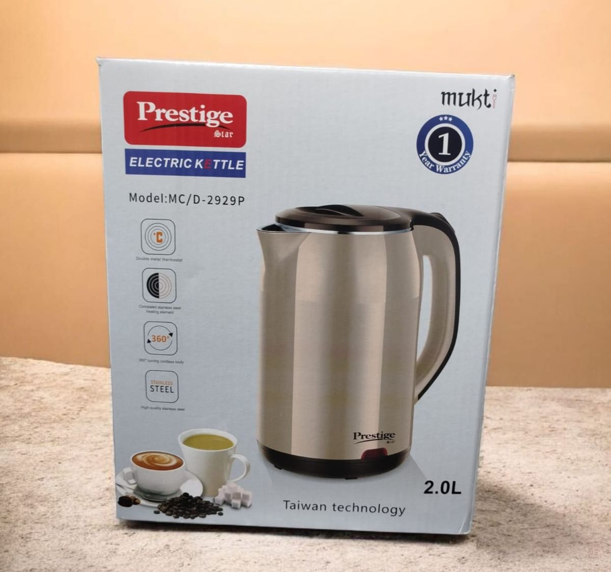 Picture of Prestige Electric Kettle 2.0L High Quality Stainless Steel Automatically turns off when water boils On/Off Switch with light indicator ( LIGHT GREY) Grey