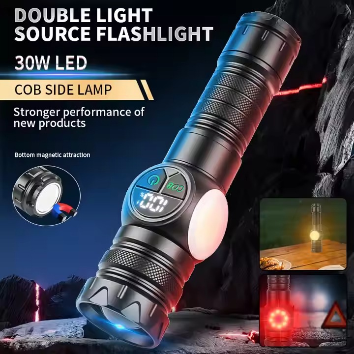 Picture of COB LED that energizes Lots of Brightness and Long Hours Rechargeable Flashlight 10W COB, LED Torchlight Black