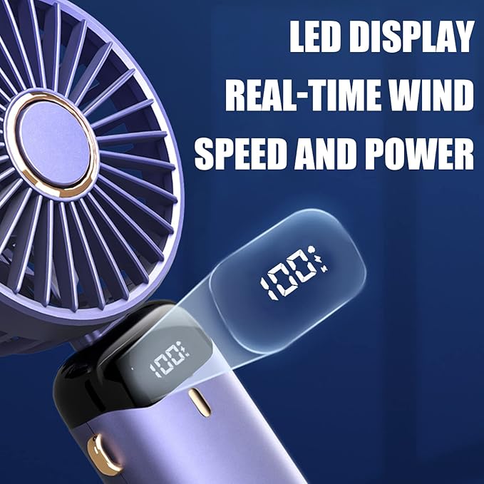 Picture of Hand Held Fan,Portable Handheld USB Rechargeable Fans with 5 Speeds,Battery Operated Mini Fan Foldable Desk Desktop Fans with LED Display for Home Office Bedroom Outdoor Trave