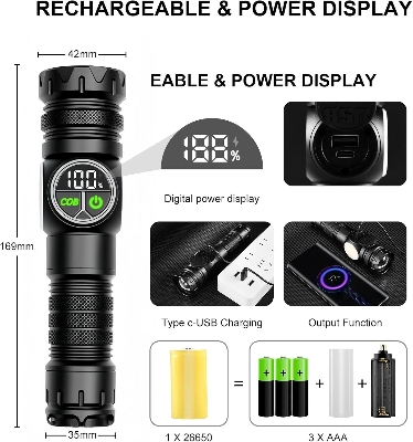 Picture of Super Bright Torch Tactical LED COB Flashlight, 3 in 1 Rechargeable Flashlight True 5000 Lumens Outdoor Strong Cob Light, 5000mAh Zoomable Beam LED Flash Light with Magnet Power Failure Emergency Survival Kits Snowstorm Black