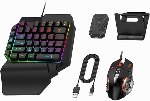 Picture of 5 IN 1 Gaeirt One Hand Gaming Keyboard and Mouse Set, PUBG 35 Keys Wired Keyboard and Gaming Mouse with RGB Backlight, Phone Support, Keyboard and Mouse Adapter, Game Converter 