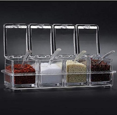 Picture of 4 Cells Transparent Spice Jar Set With Spoon And Lid Salt And Pepper Seasoning Bottle Kitchen Condiment Cruet Storage Container Multicolor
