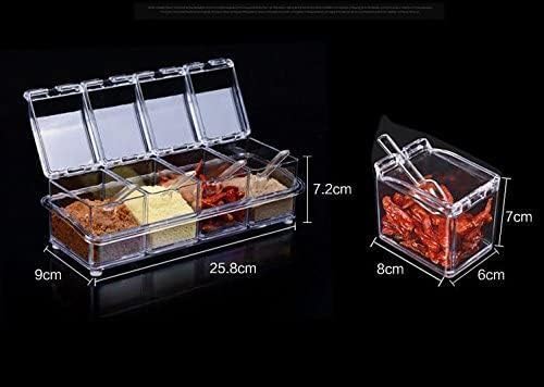 Picture of 4 Cells Transparent Spice Jar Set With Spoon And Lid Salt And Pepper Seasoning Bottle Kitchen Condiment Cruet Storage Container Multicolor